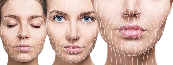 Linhas gráficas mostrando o efeito lifting facial na pele . — Fotografia de Stock