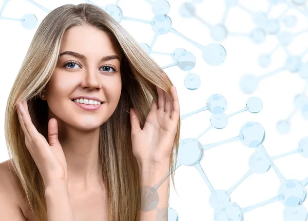 Young woman among glass molecules. — Stock Photo, Image