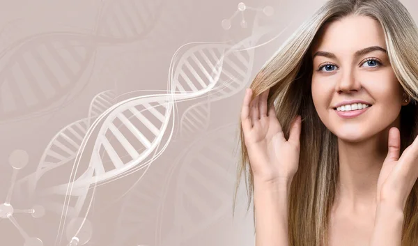 Portrait of sensual woman in DNA chains. — Stock Photo, Image
