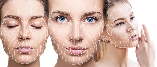 显示面部提升对皮肤的影响的图示线. — 图库照片