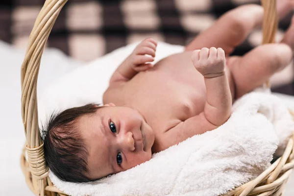 Bebê recém-nascido bonito deitado em uma cesta . — Fotografia de Stock