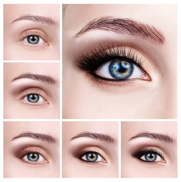 Collage di occhi femminili con passi di trucco . — Foto Stock