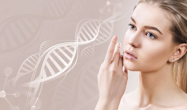 Portrait of sensual woman in DNA chains. — Stock Photo, Image