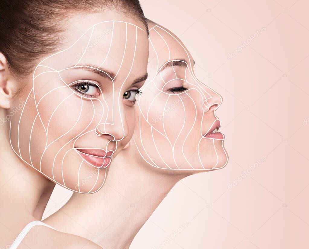 Graphic lines showing facial lifting effect on skin.