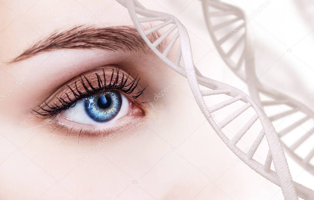 Beautiful female eye looking from DNA chains.