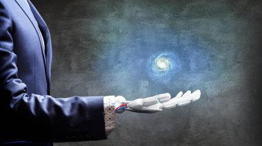 Beyaz robot el galaksi uzayını sunar. 3d oluşturma