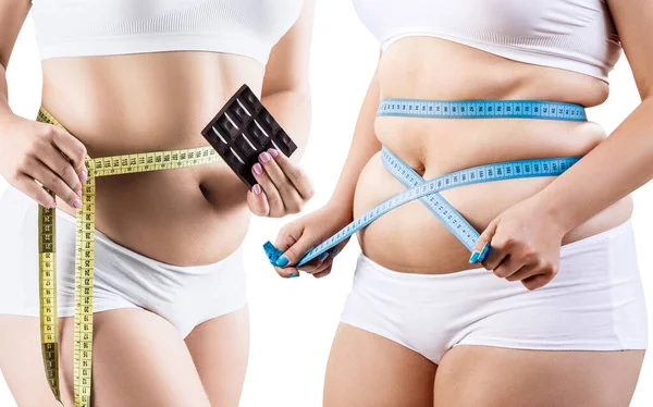 Collage of fat woman with measuring tape holds chocolate bar. — Stock Photo, Image