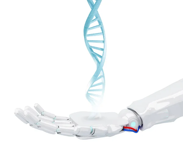Μεταλλικό ρομποτικό χέρι αγγίζει αλυσίδα DNA. 3d απόδοση — Φωτογραφία Αρχείου