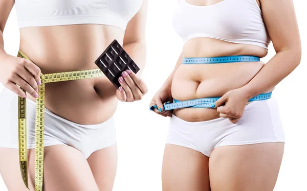 Collage of fat woman with measuring tape holds chocolate bar. — Stock Photo, Image