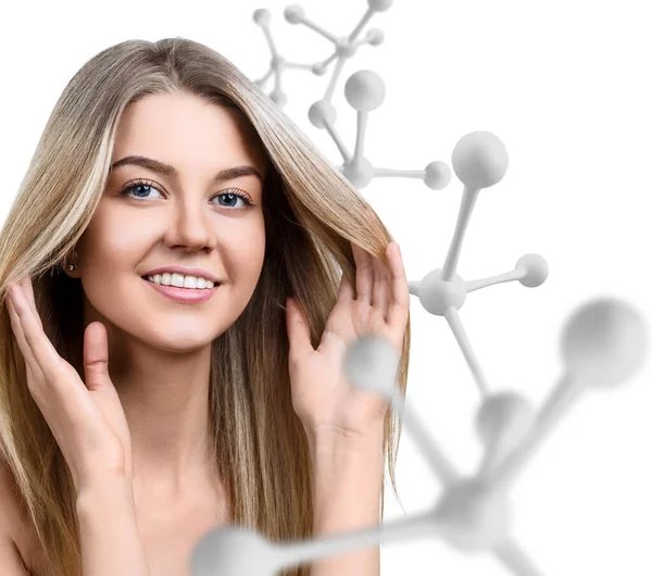 Mulher jovem com grande cadeia de moléculas brancas . — Fotografia de Stock