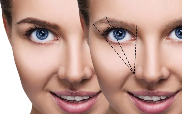 Face feminina antes e depois da correção das sobrancelhas . — Fotografia de Stock