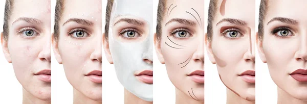 Beautiful woman step by step improves her skin condition.