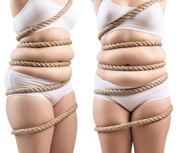 Collage of fat woman twisted with a rope trap. — Stock Photo, Image