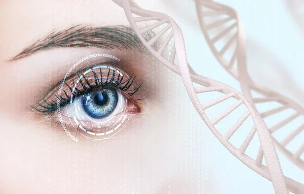Occhio astratto con cerchio digitale e catene di DNA . — Foto Stock
