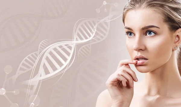 Portrait of sensual woman in DNA chains. — Stock Photo, Image