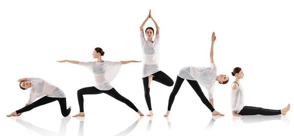 Conjunto de mujeres jóvenes haciendo yoga en diferentes posiciones — Foto de Stock