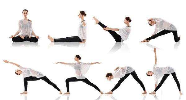 Set van jonge vrouw die yoga in verschillende posities doet — Stockfoto