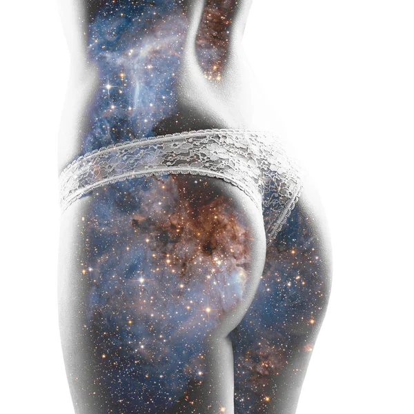 Perfect vrouwelijk lichaam met sterrenstelsel dubbele blootstelling. — Stockfoto