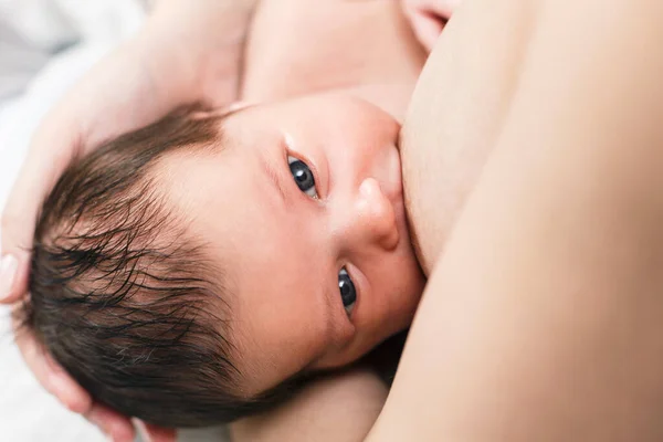 Bebê recém-nascido amamentando e olhando para a mãe . — Fotografia de Stock