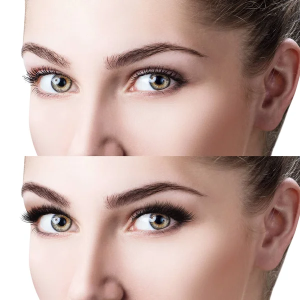 Womans face close-up before and after bright makeup. — Stock Photo, Image