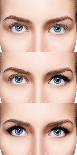 Mujeres cara de cerca antes y después de maquillaje brillante . —  Fotos de Stock