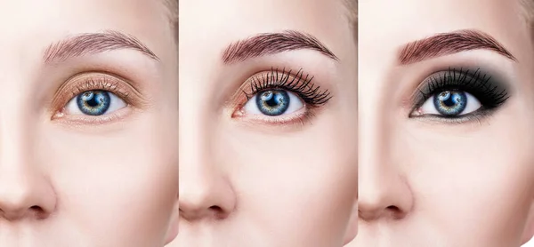 Womans face close-up antes e depois de maquiagem brilhante . — Fotografia de Stock