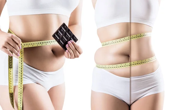 Kvinna med choklad före och efter viktminskning. — Stockfoto