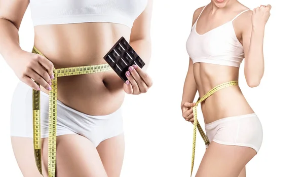 Mulher com chocolate antes e depois da perda de peso . — Fotografia de Stock