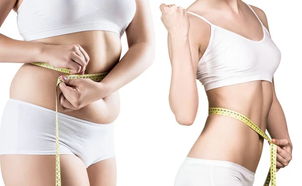 Womans body before and after weight loss. — Stock Photo, Image