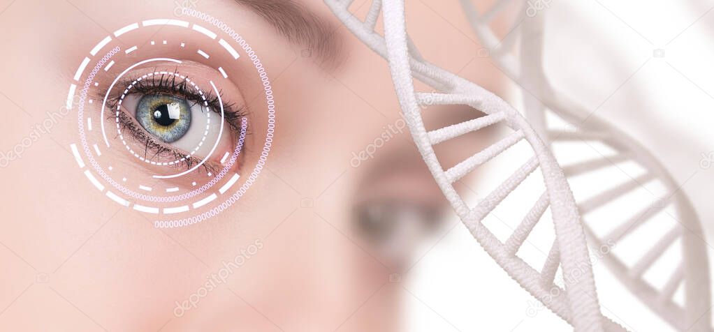 Abstract eye with digital circle and DNA chains.