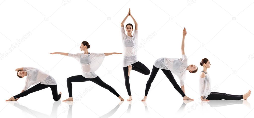 Set of young woman doing yoga in different positions