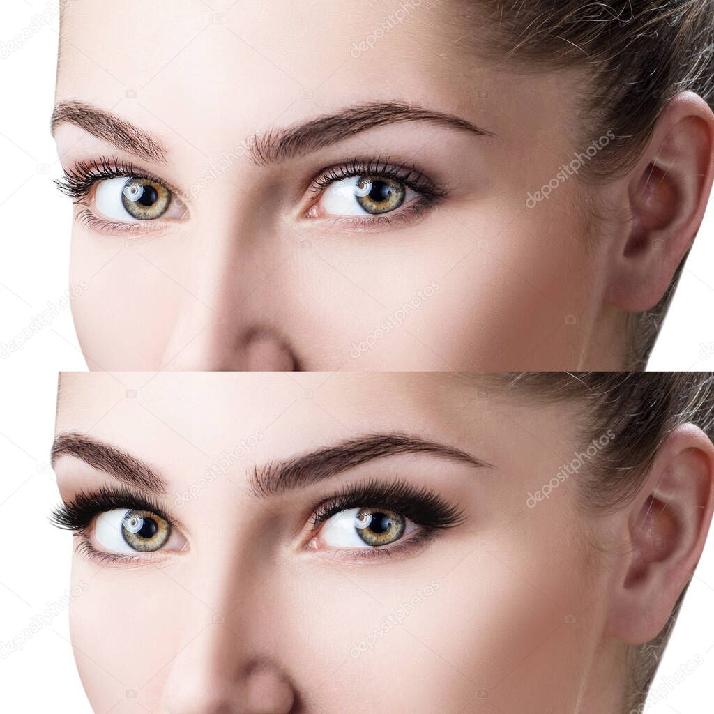 Womans face close-up before and after bright makeup.
