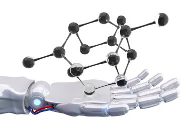 Beyaz robot el molekül formülünü sunar. 3d oluşturma