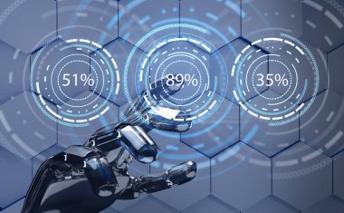 Geleceğin robot eli halka halkasına işaret ediyor. 3d oluşturma.