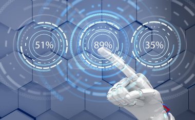 Geleceğin robot eli halka halkasına işaret ediyor. 3d oluşturma.