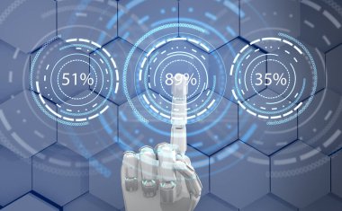 Geleceğin robot eli halka halkasına işaret ediyor. 3d oluşturma.