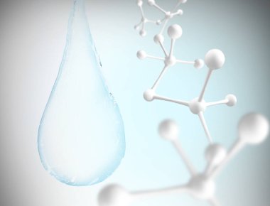 İçinde moleküller olan mavi su damlası. 3d oluşturma.