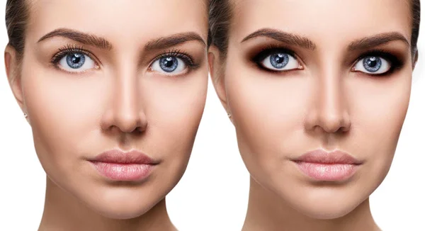 Vrouwen gezicht close-up voor en na heldere make-up. — Stockfoto