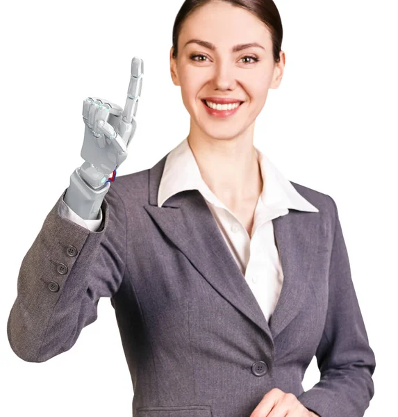 Smiling business woman with robot hand. 3d rendering — Stock Photo, Image