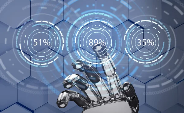 Geleceğin robot eli halka halkasına işaret ediyor. 3d oluşturma.