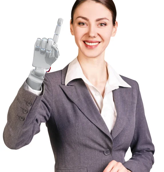 Lächelnde Geschäftsfrau mit Roboterhand. 3D-Darstellung — Stockfoto