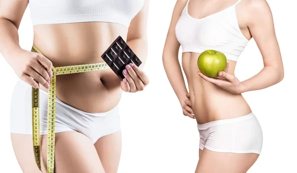 Woman with chocolate before and after weight loss. — Stock Photo, Image