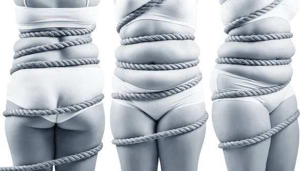 Colagem de mulher gorda torcida com uma armadilha de corda . — Fotografia de Stock