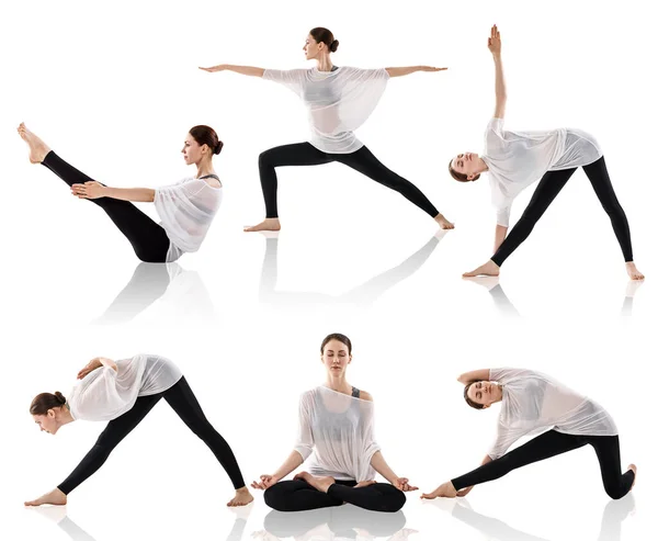 Conjunto de mujeres jóvenes haciendo yoga en diferentes posiciones —  Fotos de Stock