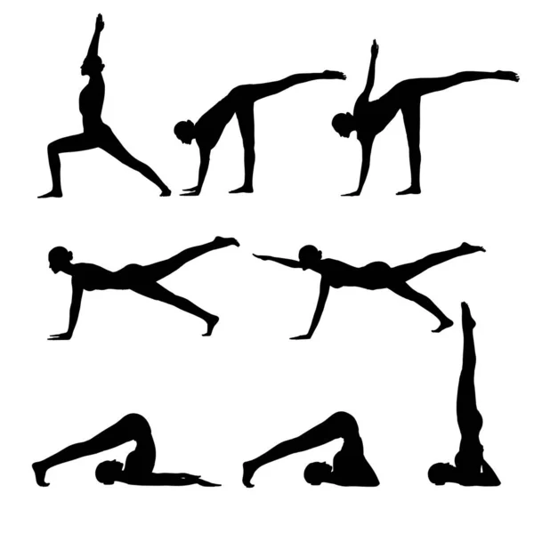 Zestaw czarnych sylwetek elastycznej kobiety uprawiającej jogę. — Zdjęcie stockowe