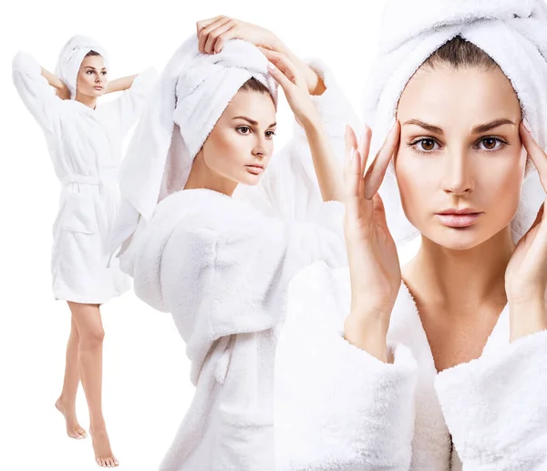 Collage einer jungen schönen Frau im weißen Bademantel. — Stockfoto