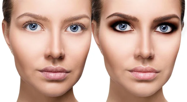 Womans face close-up before and after bright makeup. — Stock Photo, Image