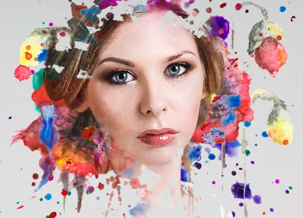 Portrait of young woman and colorful paint blots. — Stock Photo, Image
