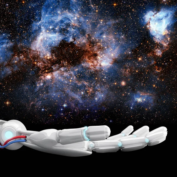 White robotic hand presents galaxy space. 3d rendering — Stock Photo, Image