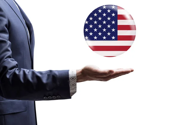 Empresario compartiendo burbuja con bandera de USA . — Foto de Stock